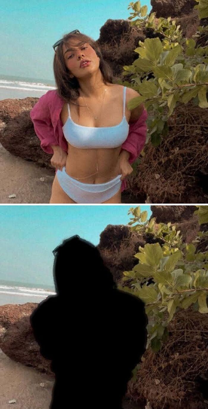 Beach photo edit request with humorous shadow replacement.