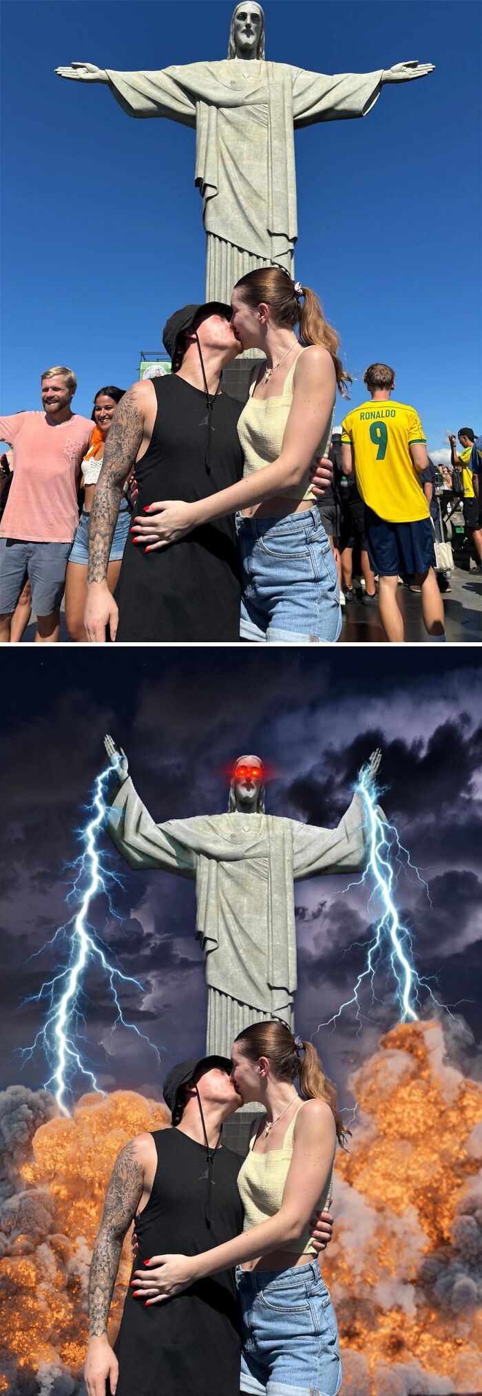 Couple kissing with edited Christ the Redeemer statue behind, featuring lightning and explosion for humorous effect.