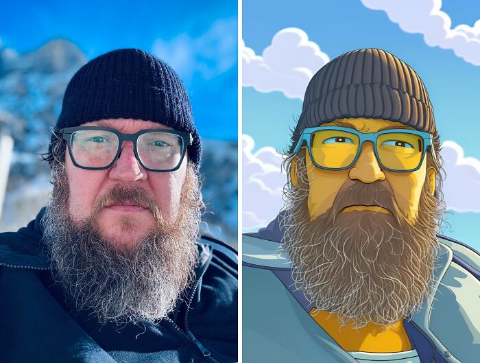 Man in winter attire with glasses and beanie, alongside a cartoon edit, showcasing funny photo transformation.