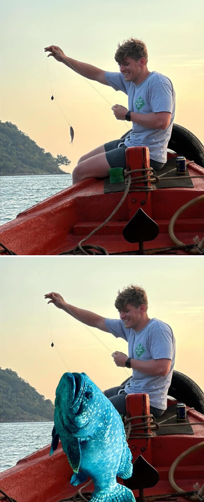 Man fishing on a boat, original catch replaced with a large blue fish in a funny photo edit.