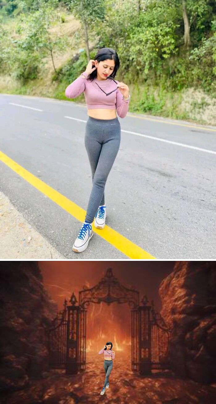 Woman edited into a fiery gate scene, showcasing funny photo edits from FB group.