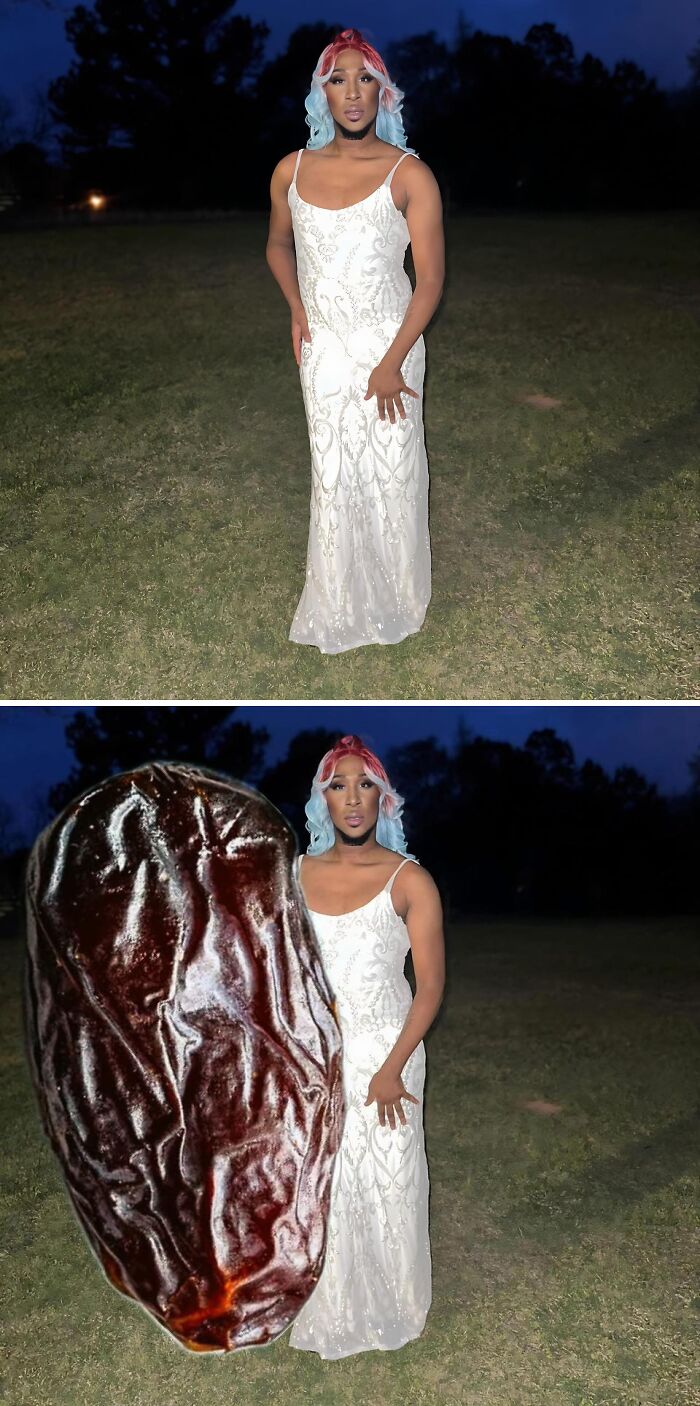 Person in a gown standing outdoors, followed by humorous photo edit with a giant date fruit.