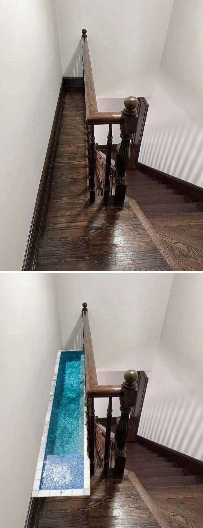 Staircase before and after funny photo edit creating an illusion of a tiny pool by an FB group.