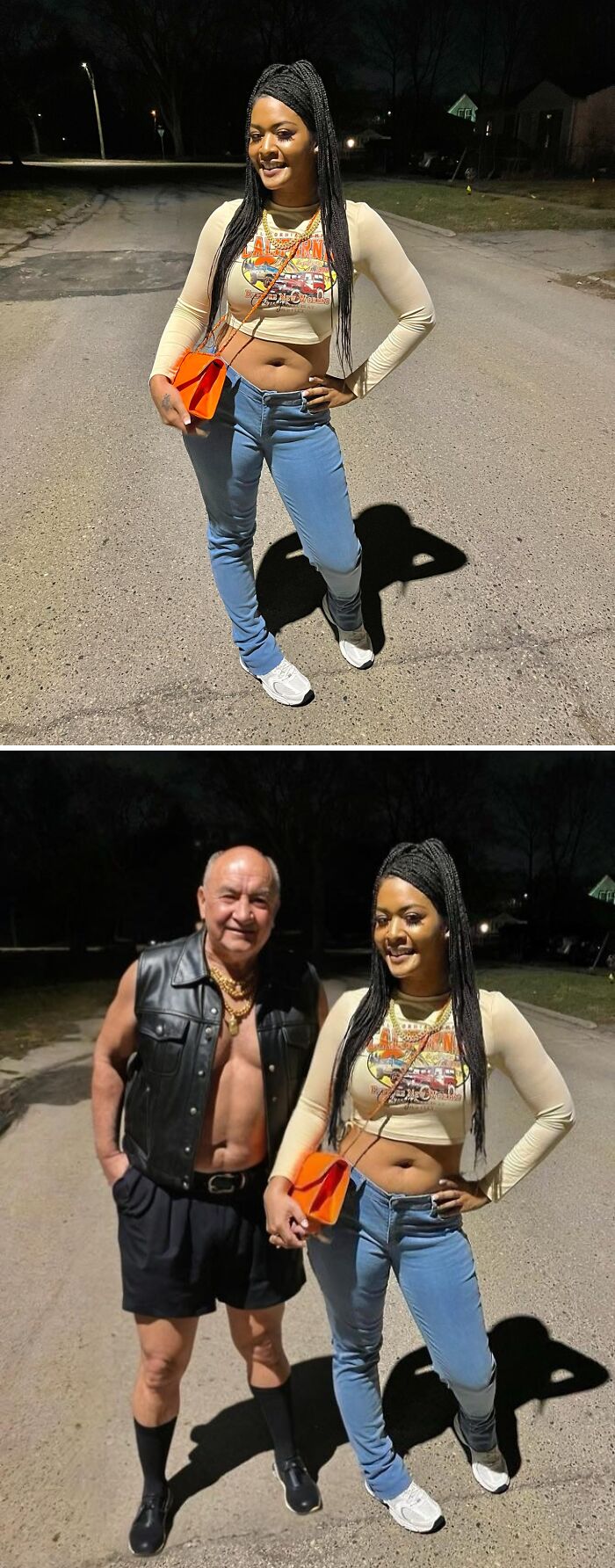 Woman poses alone and with a humorous edited figure on a dark street, showcasing funny photo edits.