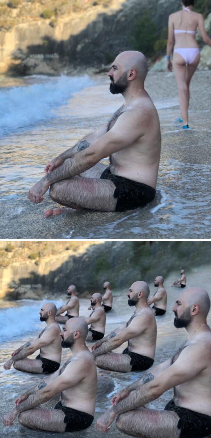 A man edited into multiple versions of himself sitting on a beach in a funny photo.