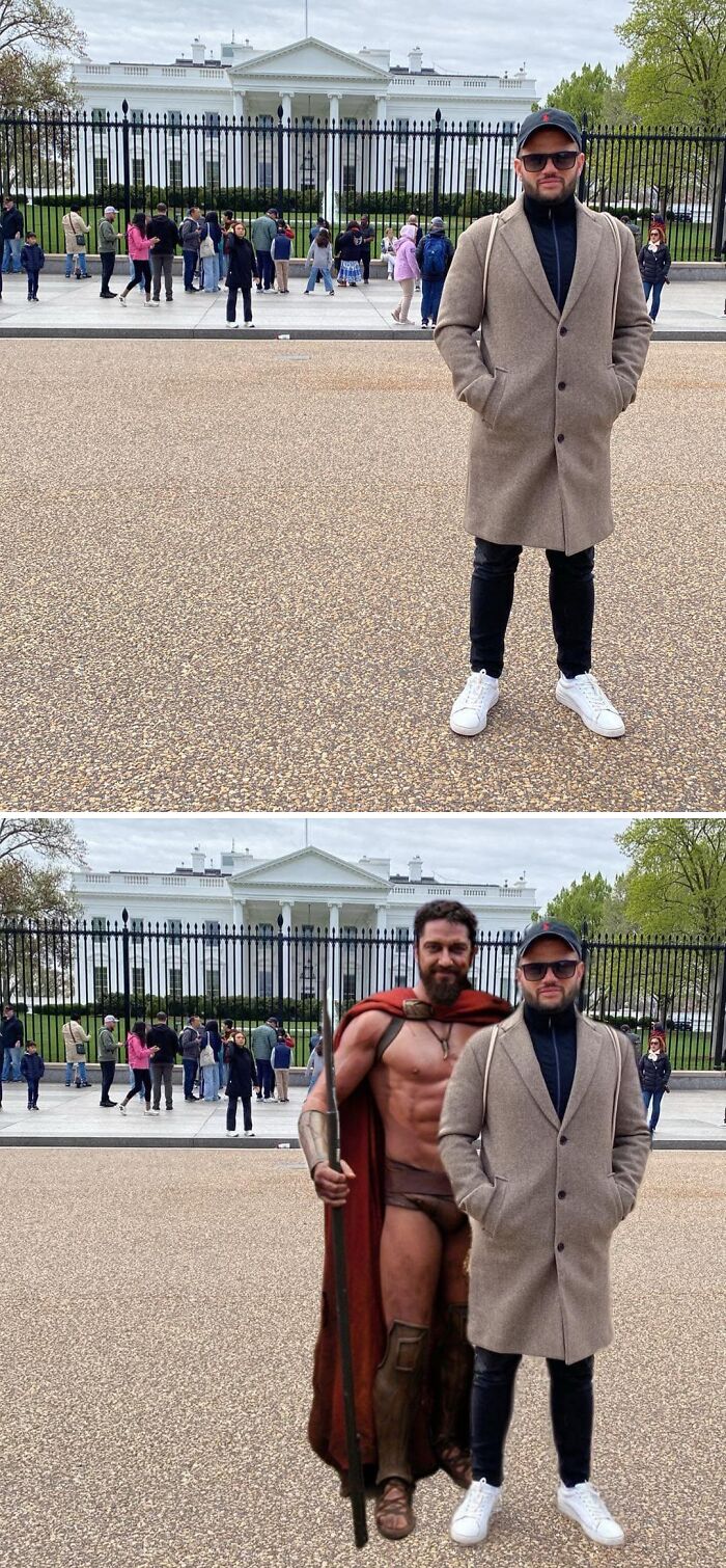 Man poses in front of the White House, edited to include a Spartan warrior beside him for humorous effect.
