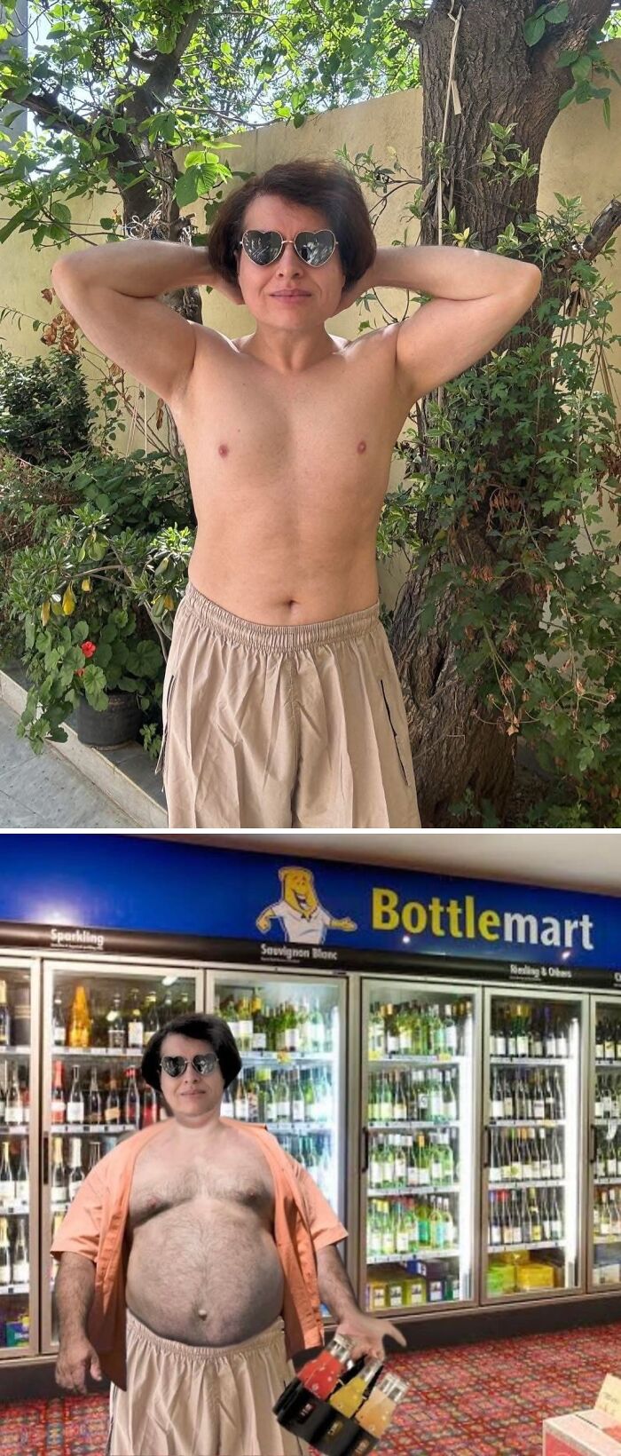 Funny photo edit showing a man in shorts and sunglasses; transformed into a humorous store scene with drinks.