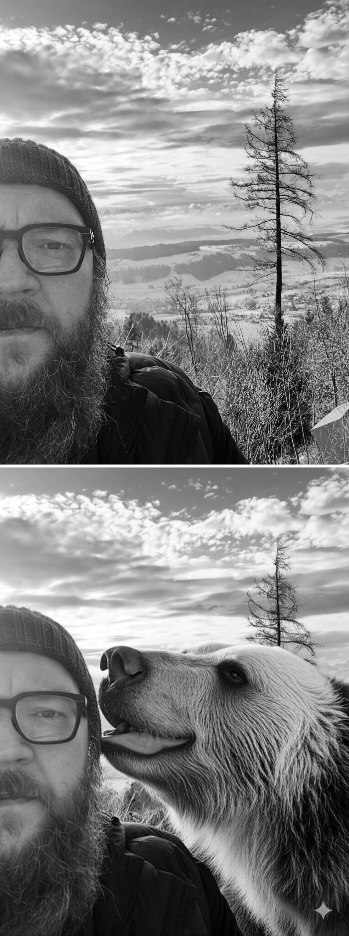 Man in glasses outdoors with edited bear beside him, creating a funny photo moment.