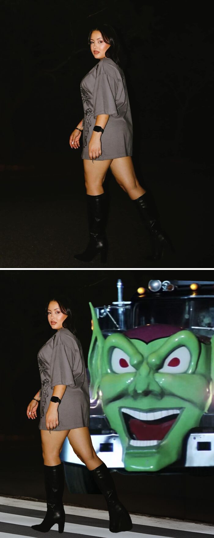 Woman edited into a funny photo with a green goblin-themed truck approaching from behind.