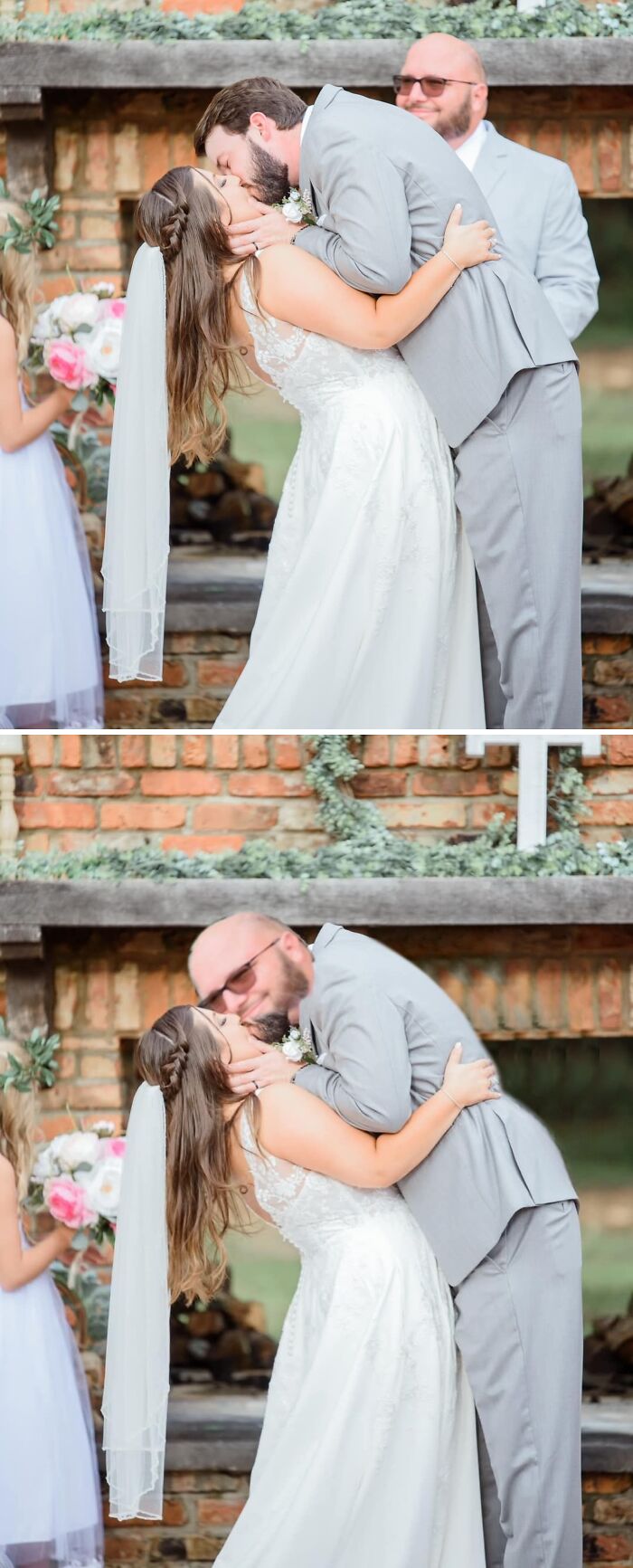 Wedding kiss photo humorously edited, swapping groom's face with another person in a light gray suit.