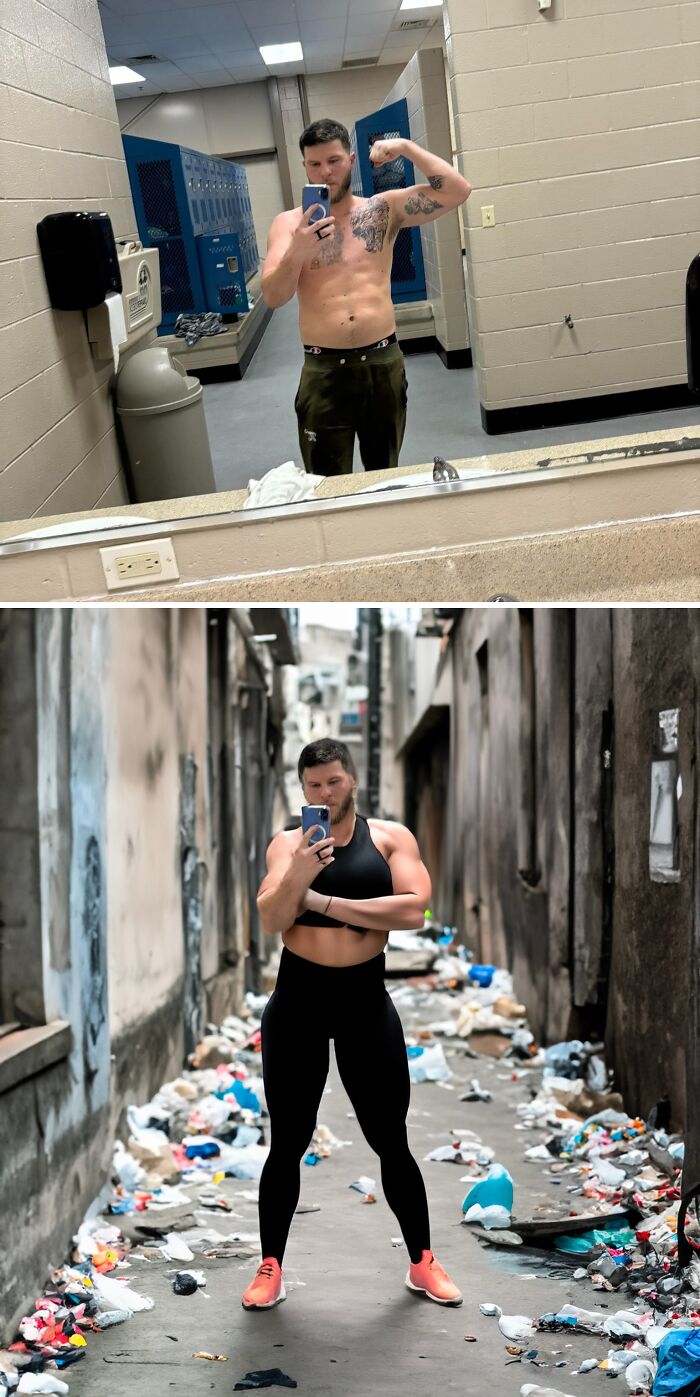 Photo edits show a man flexing in a gym mirror and then in a cluttered alley, highlighting funny transformations by a group.
