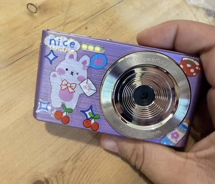 Decorative camera with Easter-themed design held in hand, featuring cute bunny and cherries.