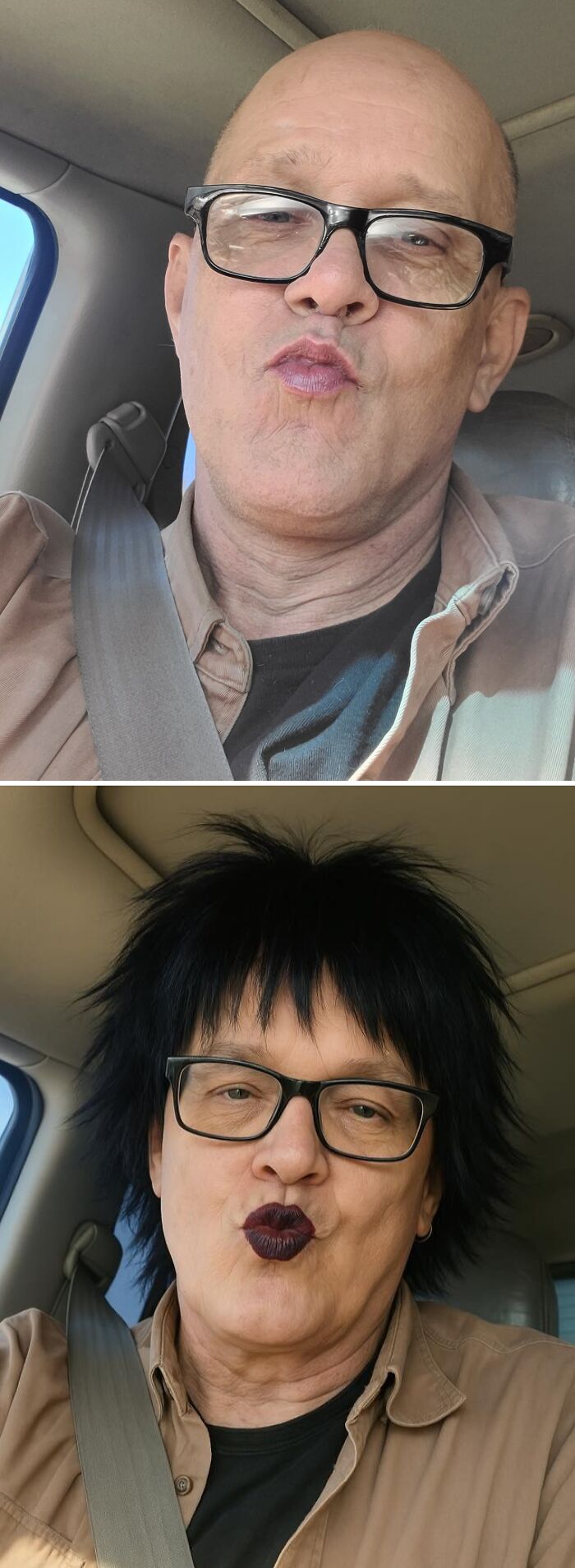 Man in glasses, before and after a funny photo edit, with added hairstyle, in a car setting.