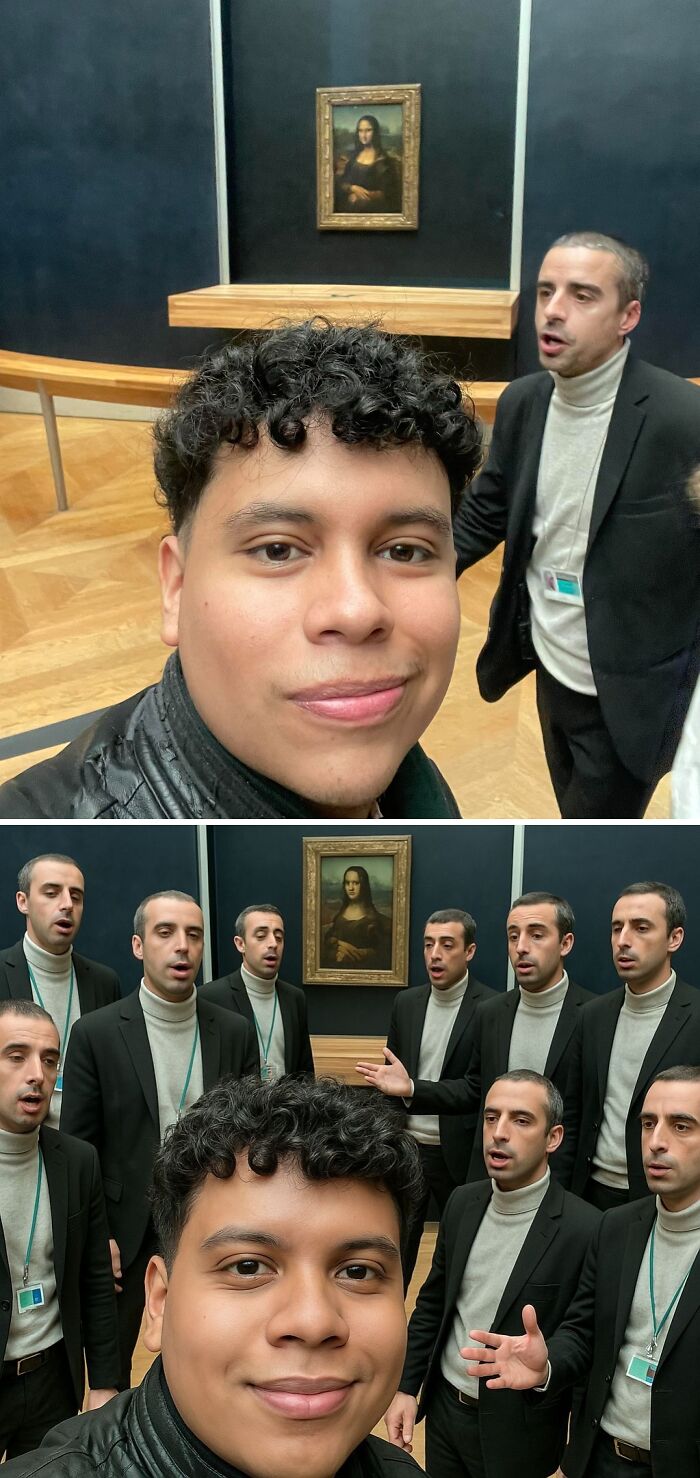 Man taking selfie with edited clones of another person, posing humorously in front of the Mona Lisa.