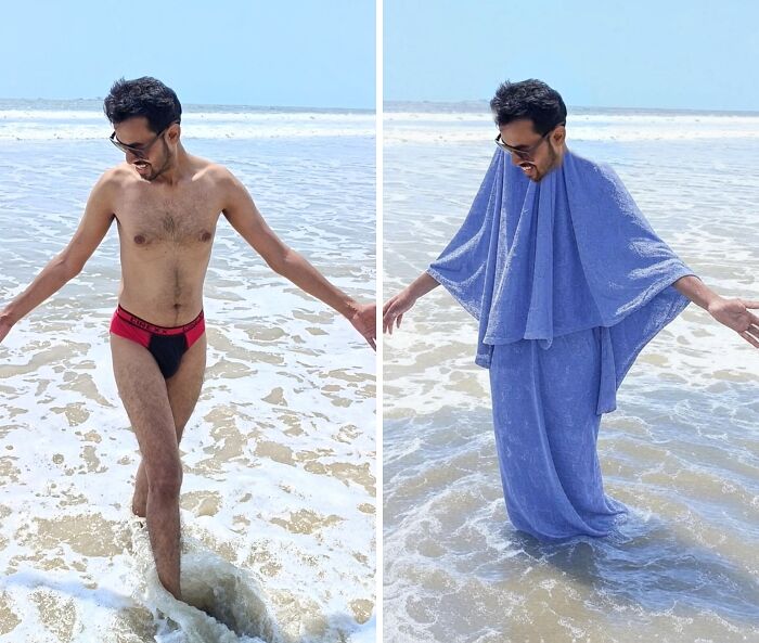 Man at the beach in funny edited photos, first in swimwear, second in a blue robe, showcasing humor and creativity.