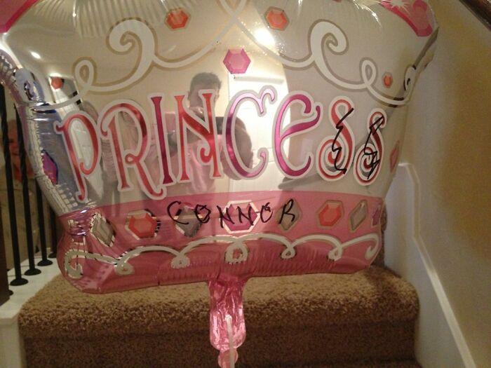 Elderly humor: Balloon reading "Princess" with "Connor" added humorously in marker.