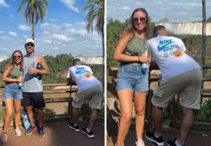 Three people outdoors, two posing, one bent over, edited humorously in a photo for a Facebook group request.