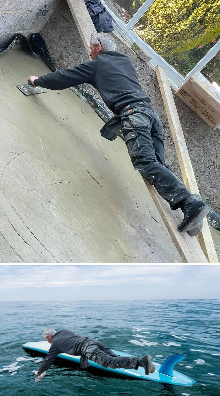 Man photoshopped from plastering to surfing, showcasing funny photo edits.