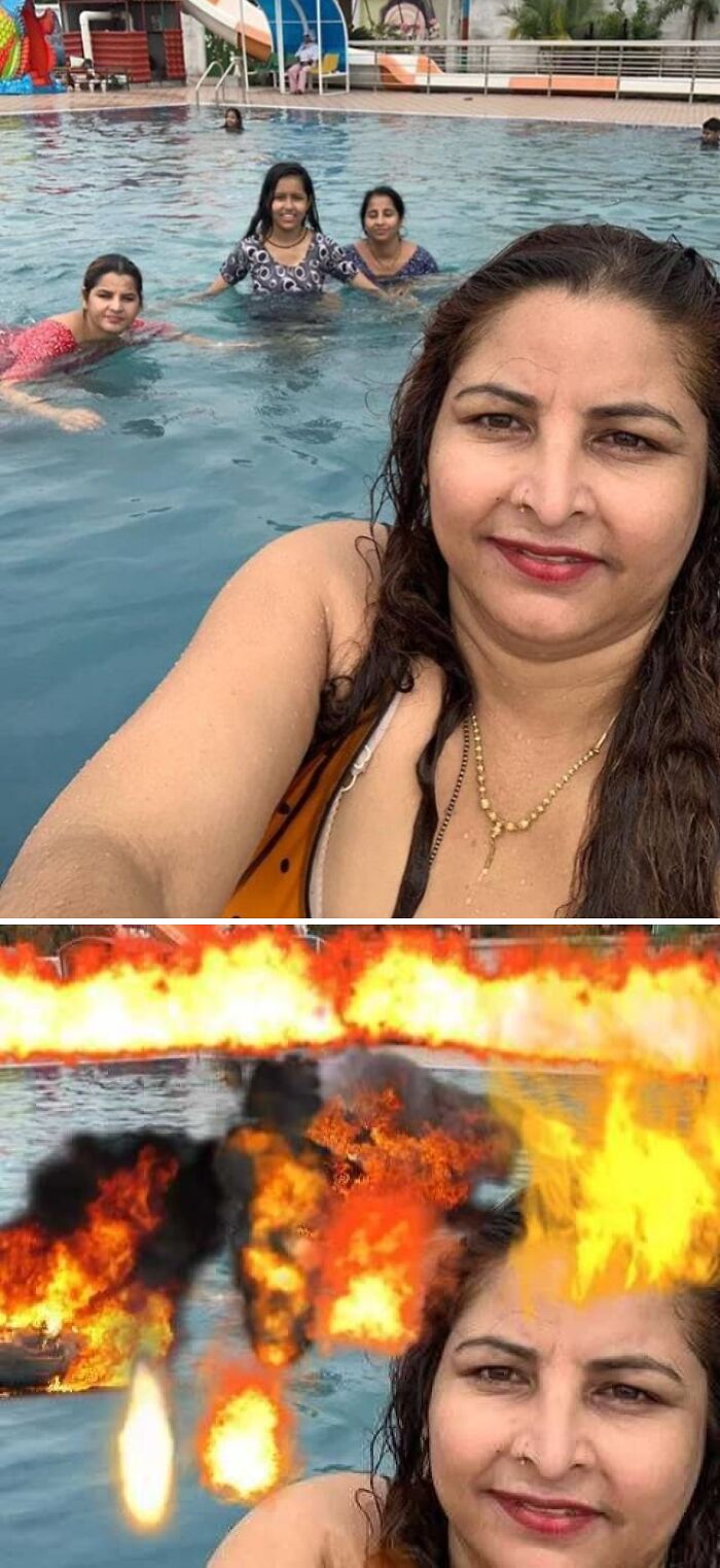 Women in a pool, with an amusing photo edit adding flames and explosions in the background.