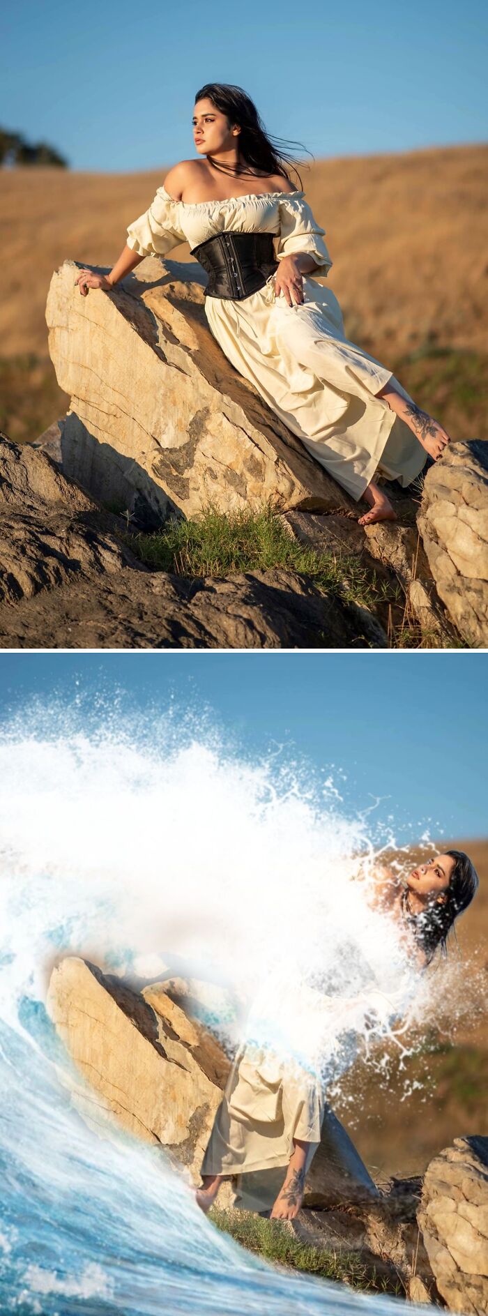 Woman on rock edited with wave splash; funny photo edit result.