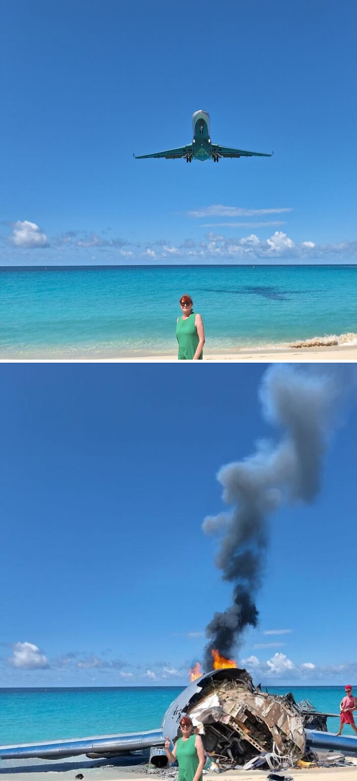 Woman posing on beach with plane flying, then edited showing plane crash, created for an FB group photo edit request.