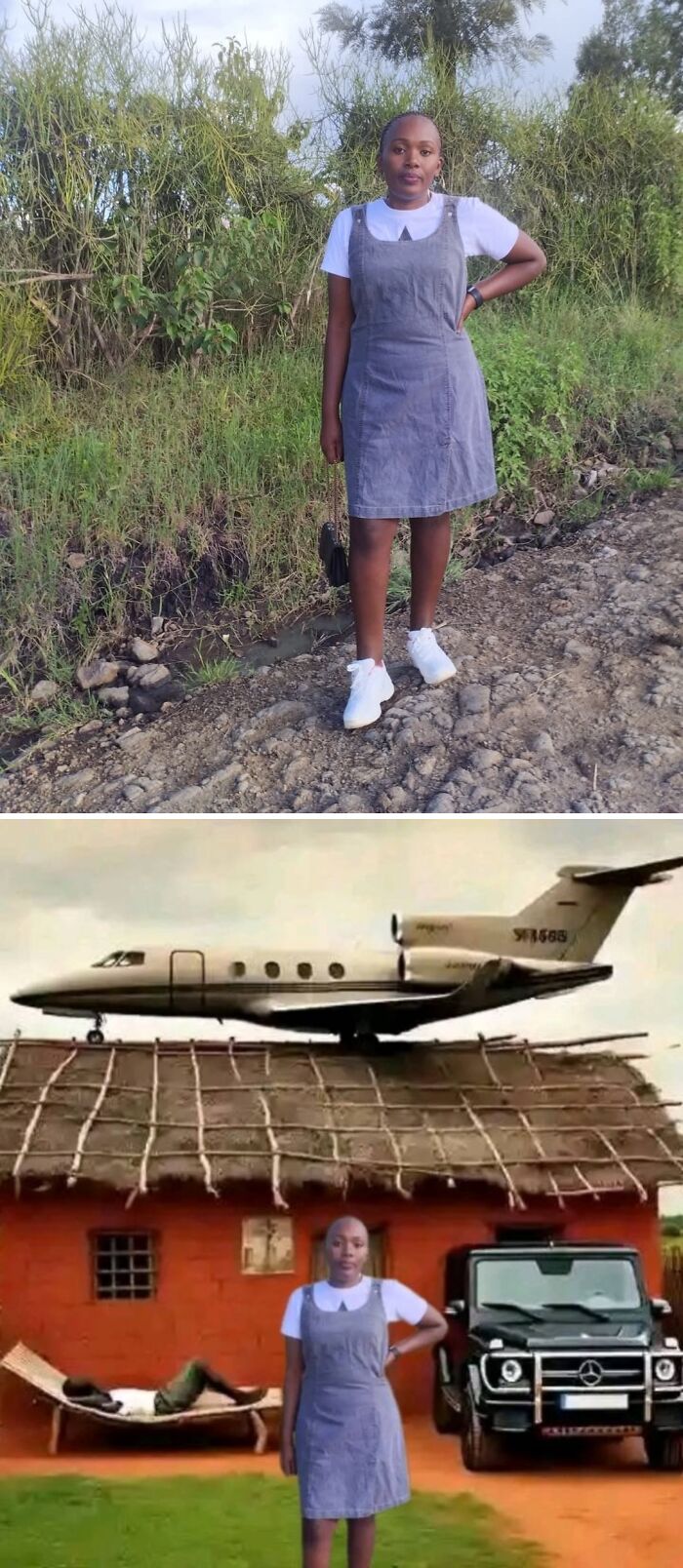 FB group edits photos humorously, adding a plane on a roof and luxury car next to the woman.