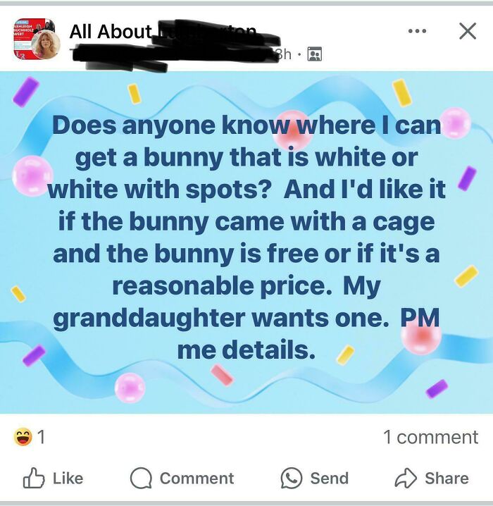 Facebook post seeking a bunny with spots, cage included.