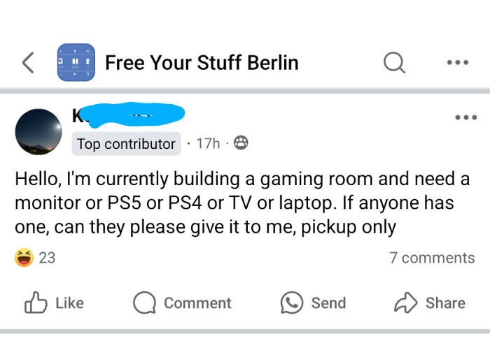 Person asks for free gaming equipment in a Facebook group, illustrating lack of self-awareness.