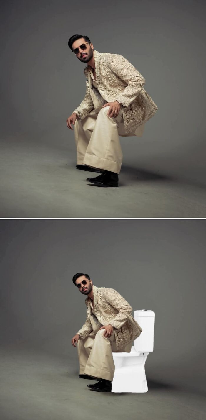 Man crouching in ornate jacket edited to sit on a toilet for comedic effect.