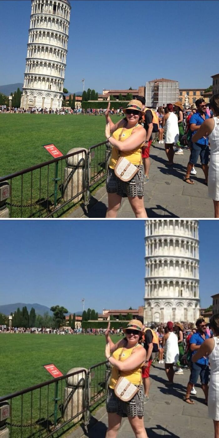 Woman posing humorously with the Leaning Tower of Pisa, before and after funny photo edits.