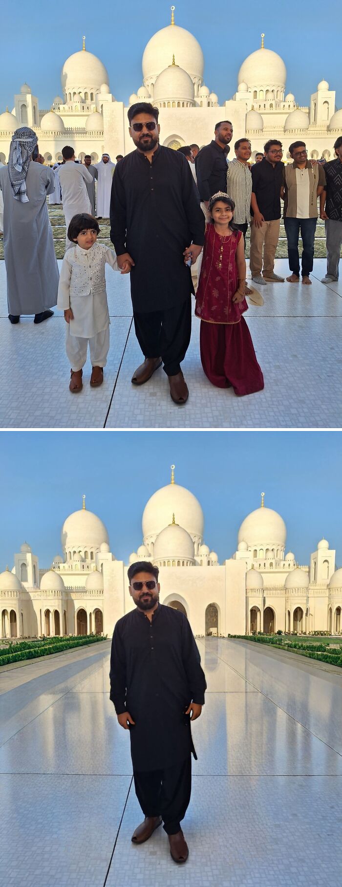 Man holding hands with kids edited out of mosque photo; funny FB photo edits.