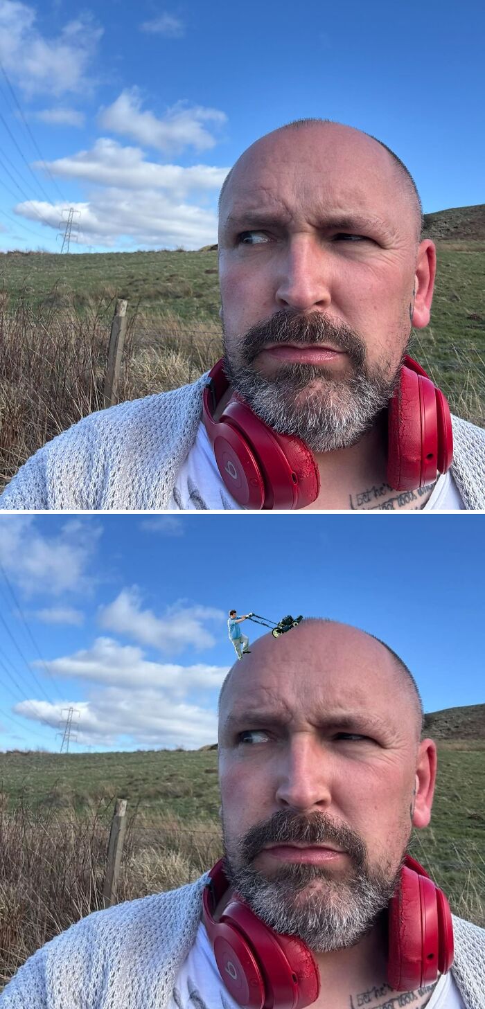 Man with red headphones edited humorously with a person mowing his head, showcasing funny photo edits.