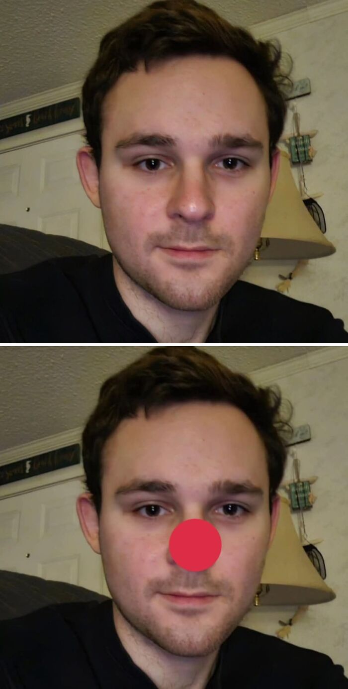 Man's face edited with a clown nose in funny photo request.