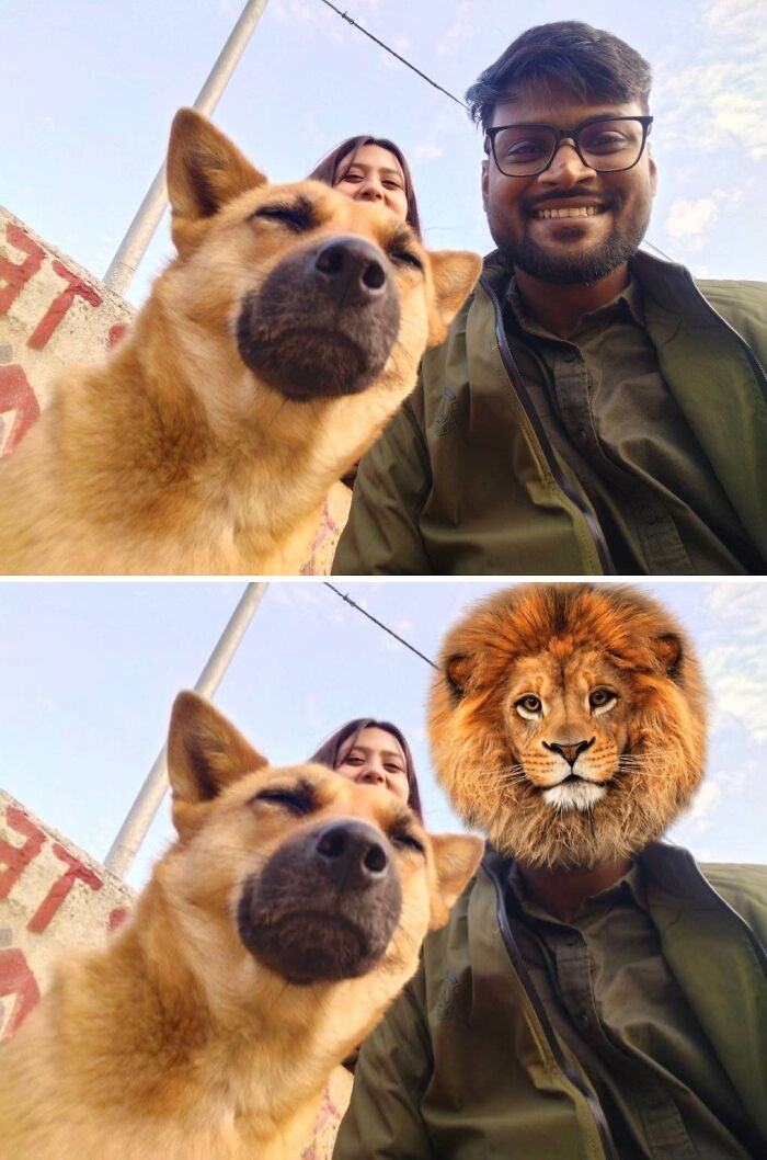 Funny photo edit: man with a lion face poses with a woman and a dog.