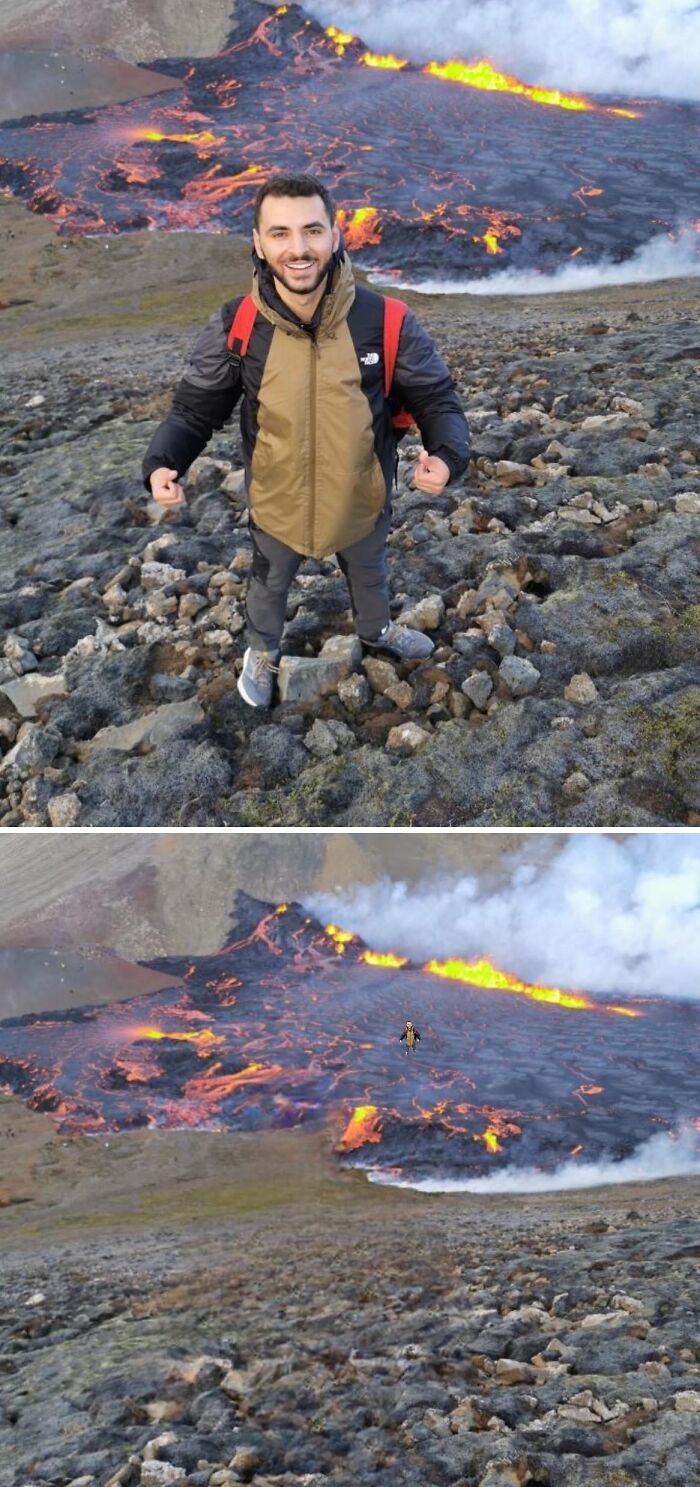Man poses near lava in edited photo from a funny photo edits group, showing dramatic background changes.