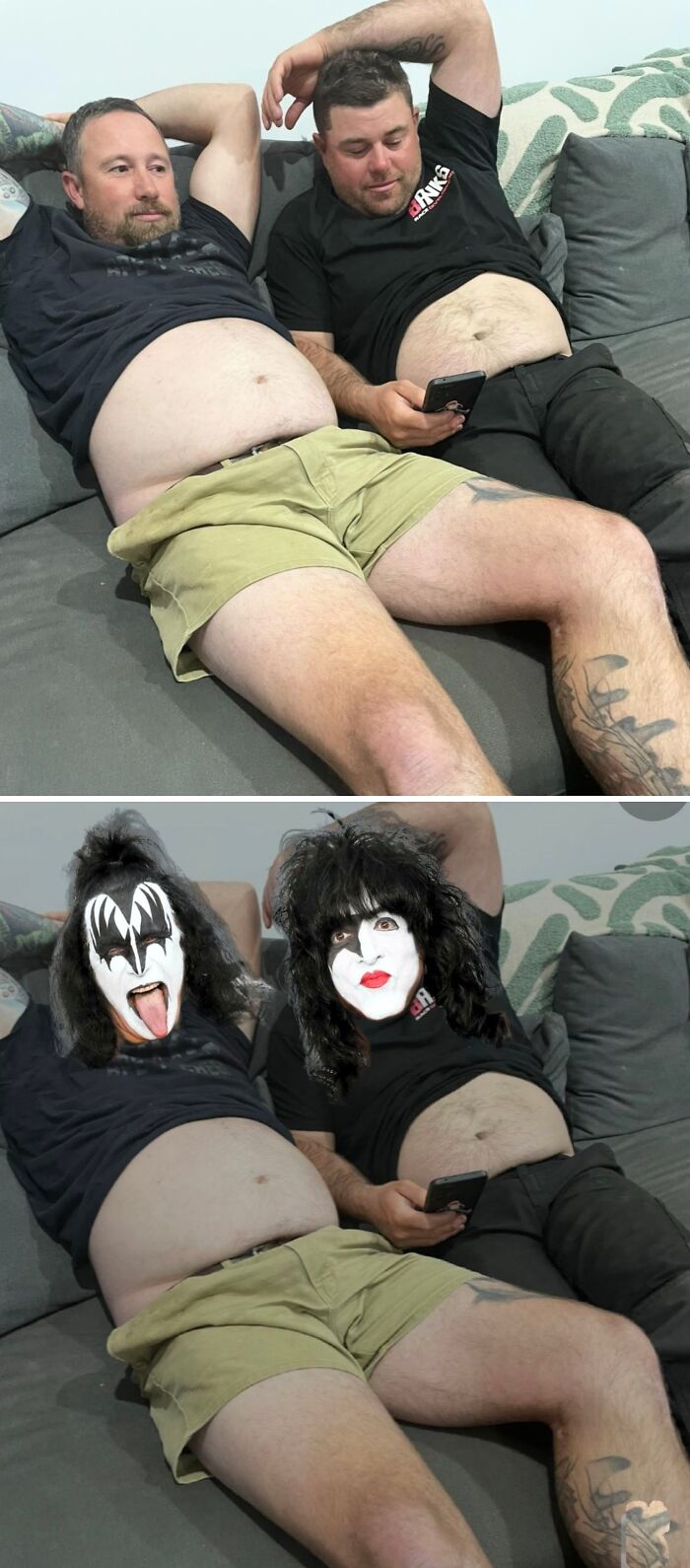 Two men on a couch edited to have rockstar faces; an example of funny photo edits.