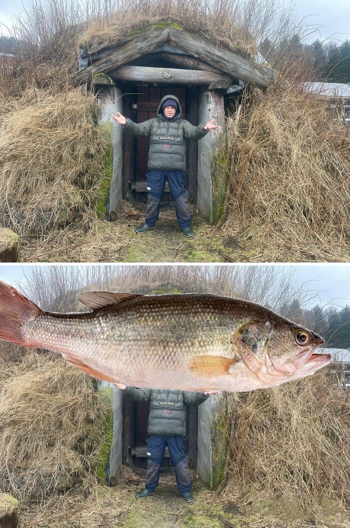 Man standing with arms outstretched, photoshopped to hold an oversized fish, creating a funny photo edit.