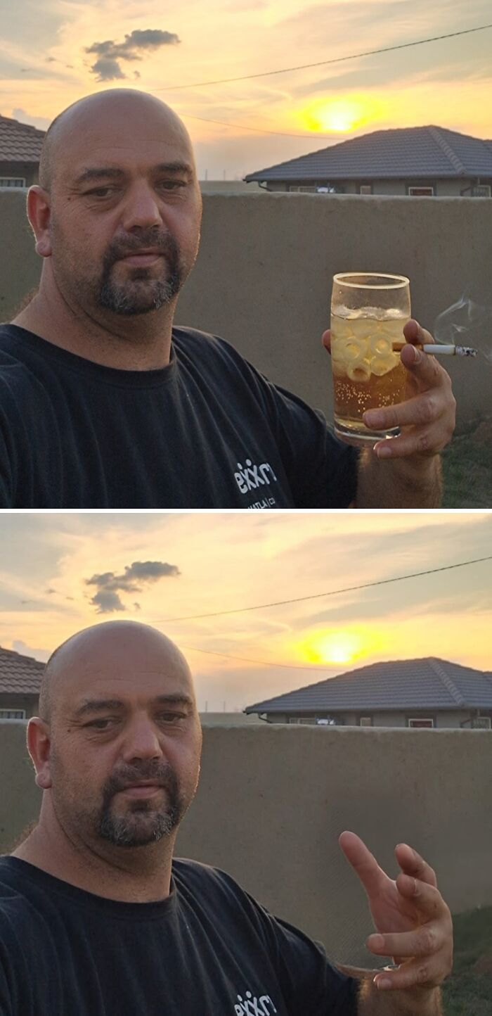 Man holding a drink and a cigarette, then edited photo without glass. Funny photo edits by FB group.