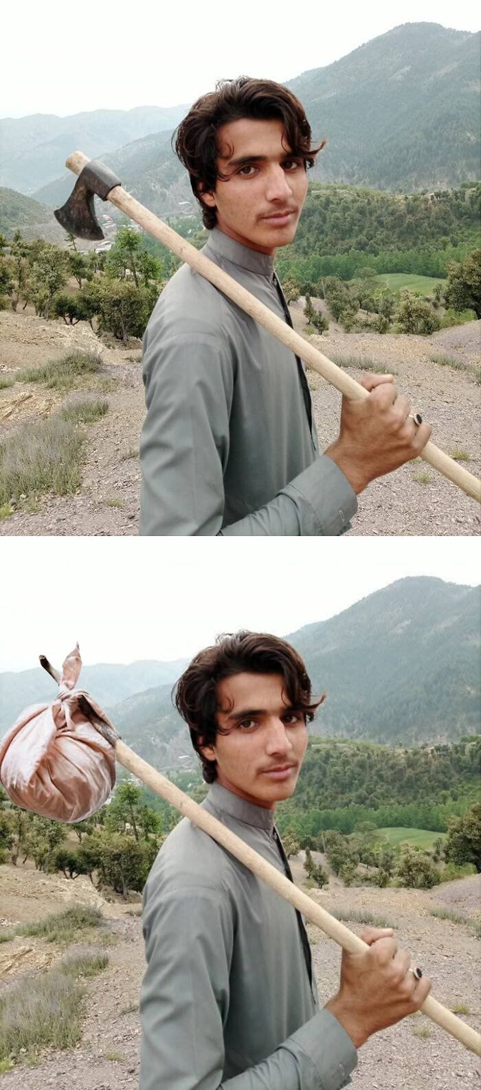 Young man outdoors with an edited photo request from a FB group, changing an axe to a stick with a sack in scenic mountains.