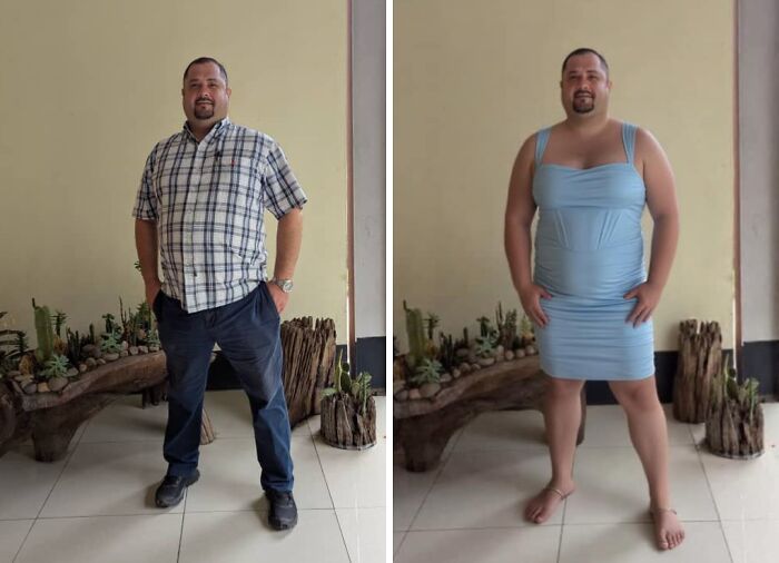 Man in casual attire edited into a dress, showcasing humorous photo edits from an FB group.