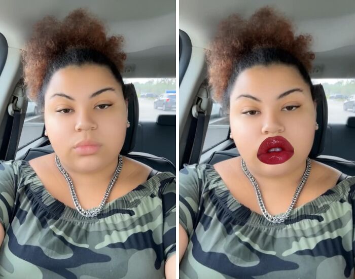 Woman in car, unedited on left, edited with large red lips on right; humorous photo edit request.