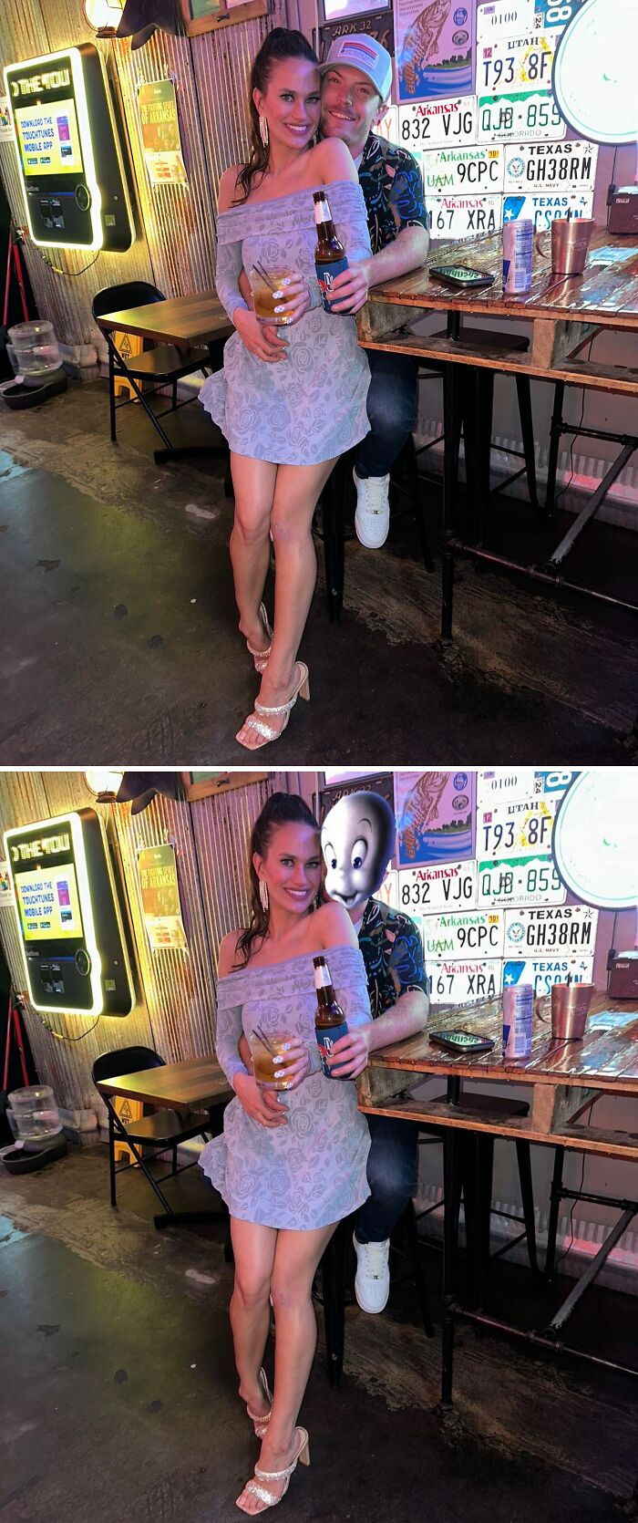 Bar photo edit request shows a woman with a ghostly figure instead of a man.