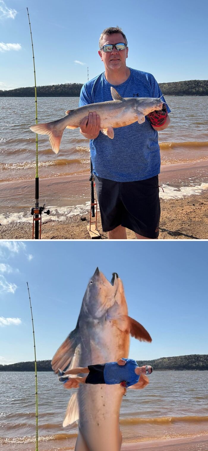 Man holding a large fish at the lake; humorous photo edit shows him being held by the fish instead.