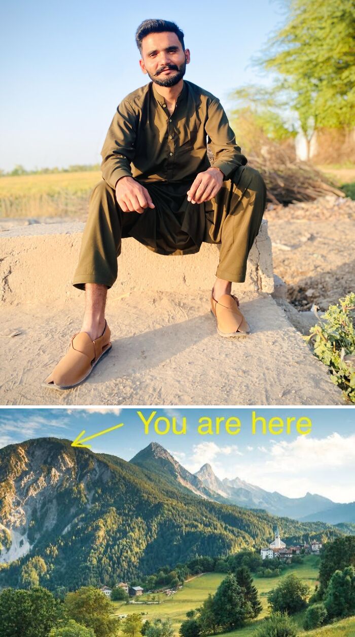 Man sitting outdoors in the sun, with humorous photo edit featuring a mountain and "You are here" text.