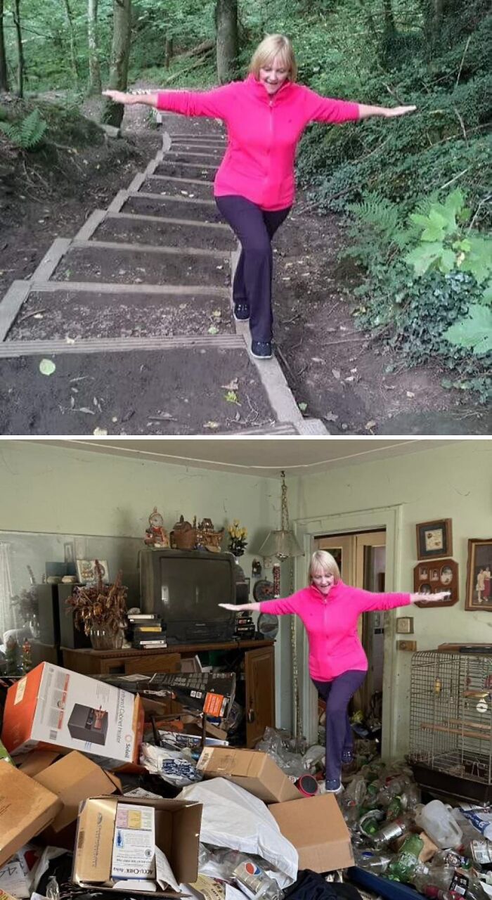 Woman balancing with arms outstretched, edited from walking in woods to stand on clutter indoors. Funny photo edits group.