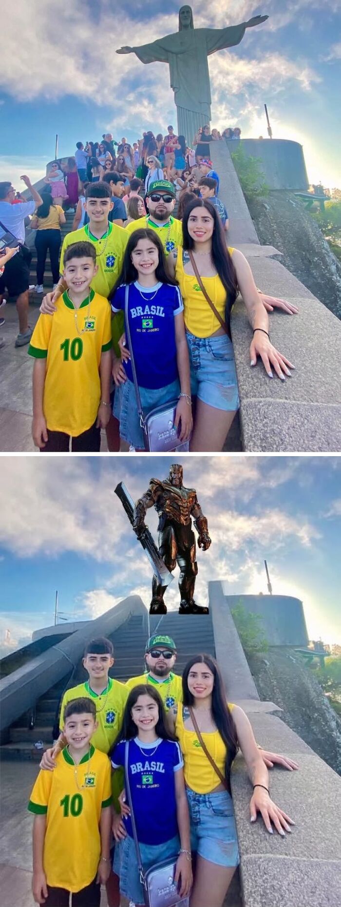 A group photo at Christ the Redeemer edited humorously with a giant cyborg character.