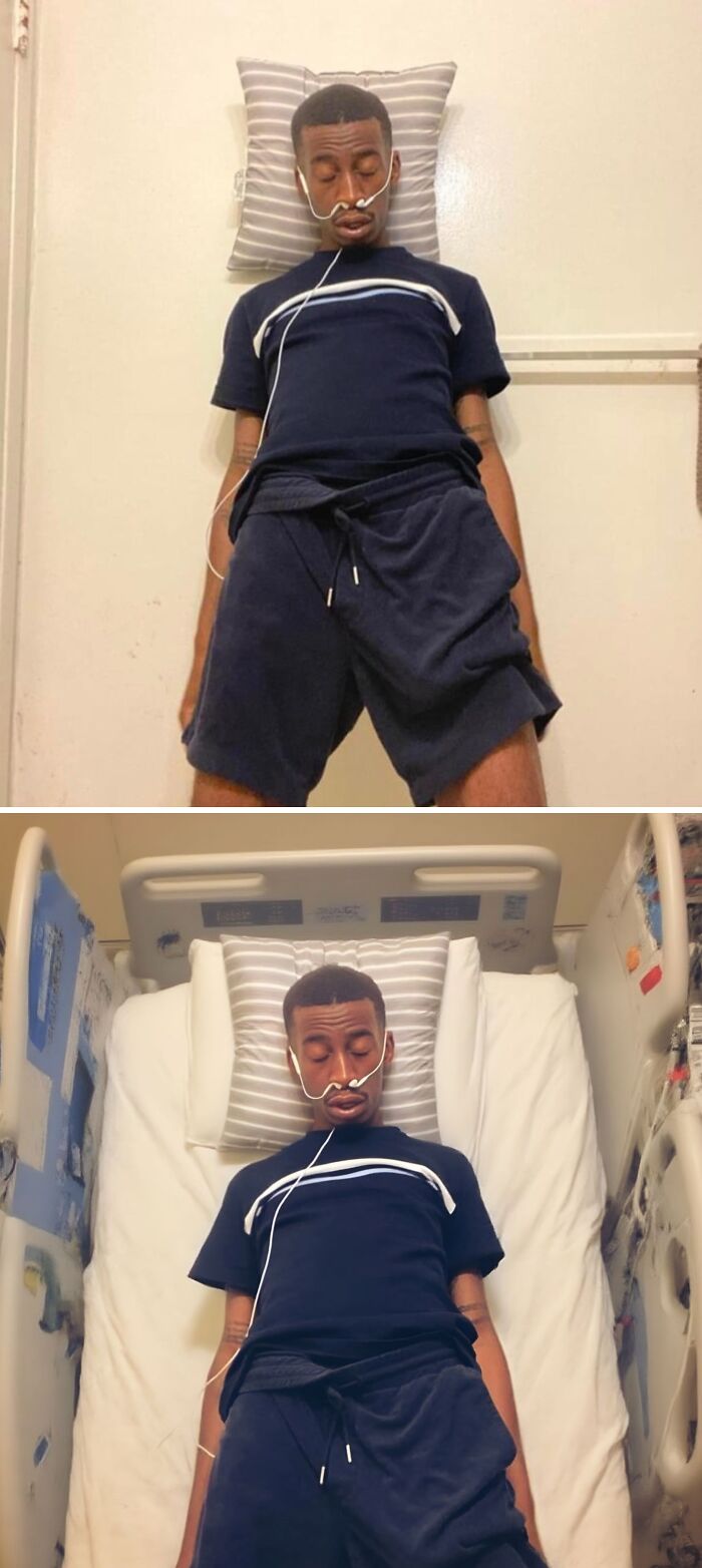 Man with nasal tube edited to look like he's in a hospital bed, showcasing funny photo edits.