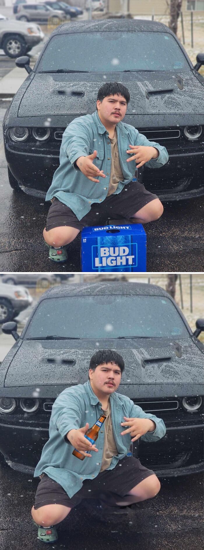 Man posing in front of car holding edited beer, funny photo edit from FB group.