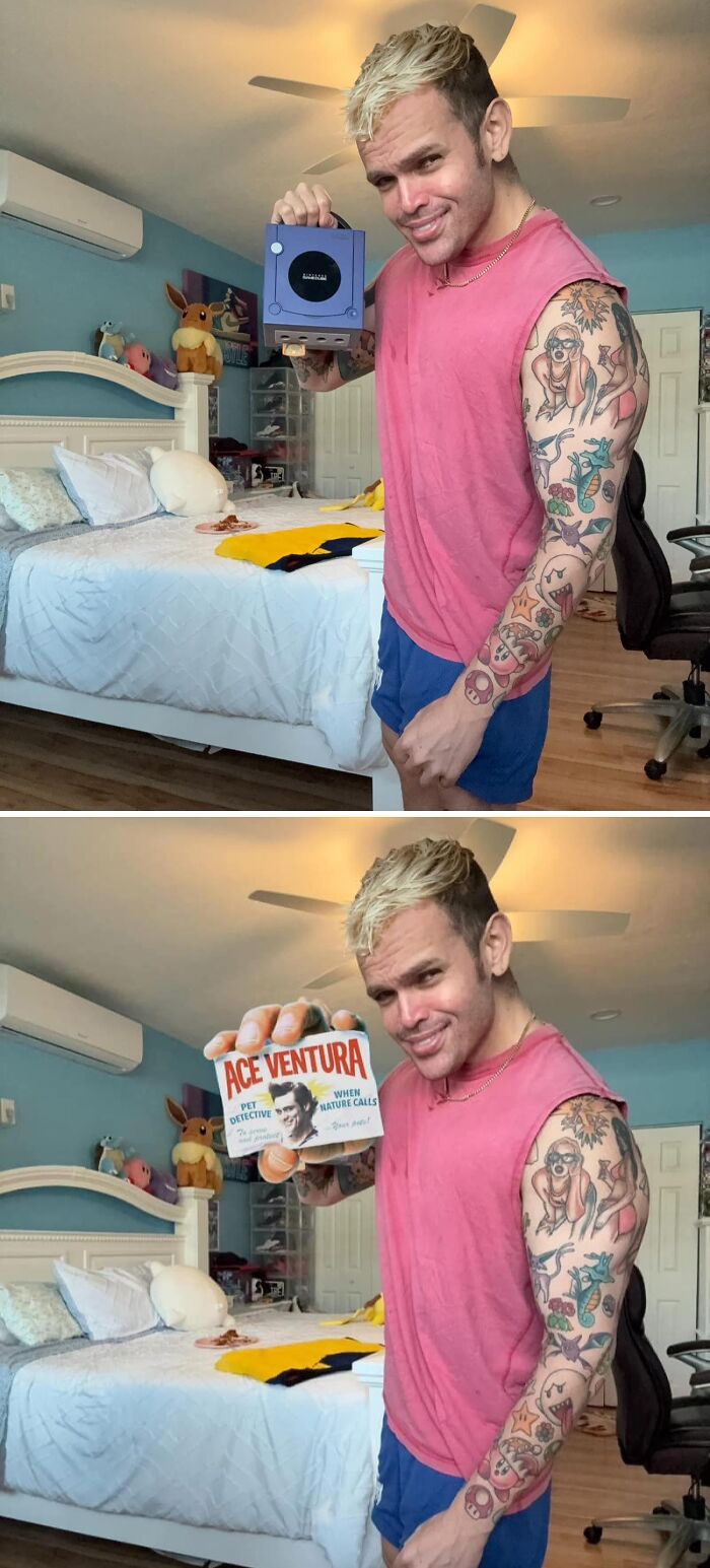 Man with tattoos humorously edits a photo, holding different items in each image.