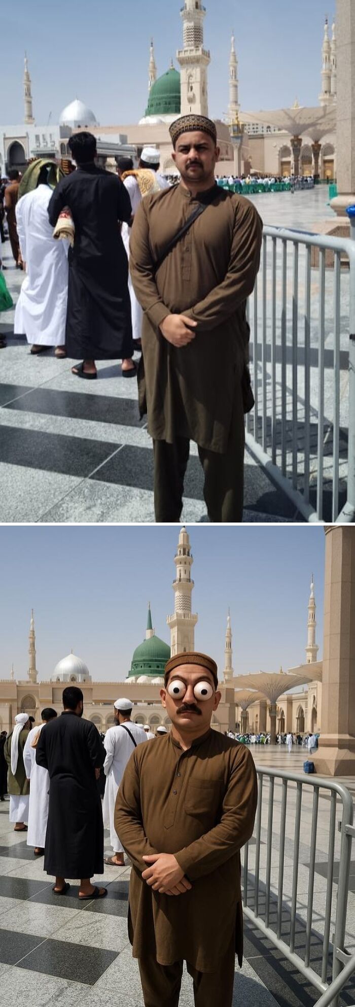 Man in brown outfit, eyes humorously edited, standing in front of mosque. Funniest photo edits showcase.